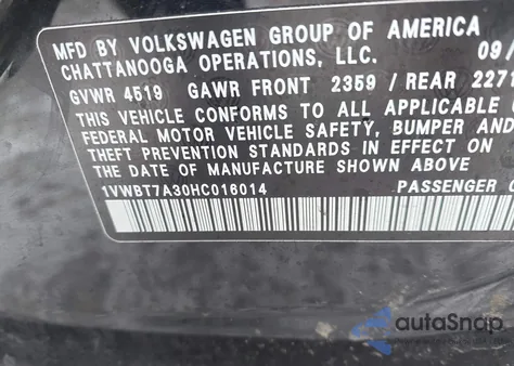 2017 Volkswagen Passat 1.8T Se z USA, uszkodzony, nr VIN 1VWBT7A30HC016014